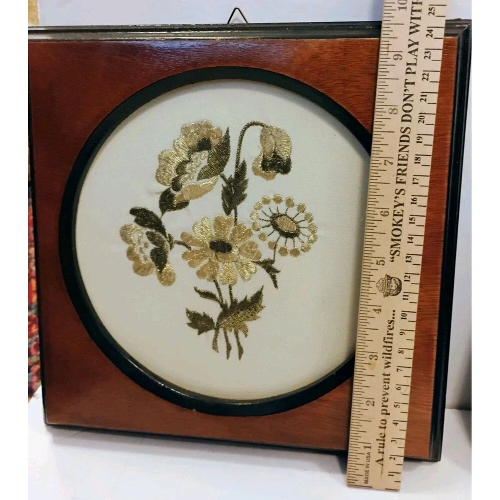 Vtg Pair Metallic Gold Thread Floral Embroidery Wall Art Pictures Wood Frames